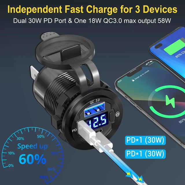 Alt view image 4 of 7 - 78W 3 Port USB C 12V Outlet Dual PD 30W & 18W USB A Port | Voltmeter Lengthened Aluminum Body Switch Waterproof Car Charger Socket for Car, Boat, Marine, RV