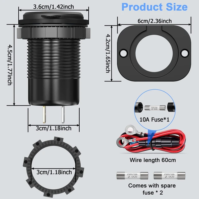 Alt view image 6 of 7 - 78W 3 Port USB C 12V Outlet Dual PD 30W & 18W USB A Port | Voltmeter Lengthened Aluminum Body Switch Waterproof Car Charger Socket for Car, Boat, Marine, RV