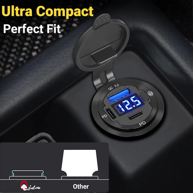 Alt view image 7 of 7 - 78W 3 Port USB C 12V Outlet Dual PD 30W & 18W USB A Port | Voltmeter Lengthened Aluminum Body Switch Waterproof Car Charger Socket for Car, Boat, Marine, RV