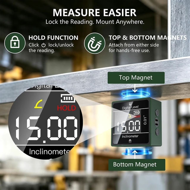Alt view image 5 of 7 - Digital Angle Finder, Dual-Axis Inclinometer, Magnetic Digital Level Gauge | ±0.2° Accuracy, 0.01° Resolution, Horizontal/Vertical Modes, 4-Way/2-Way Guidance, 3-Stage Power Saving, USB-C