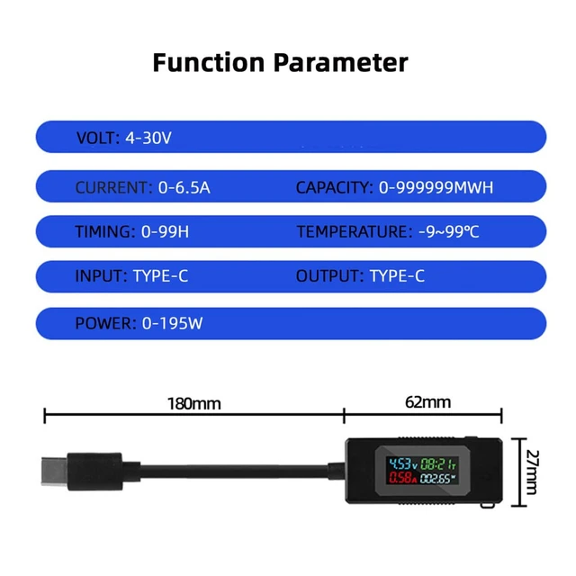 Alt view image 4 of 6 - Type-C Voltage Current Power Capacity, Working Time Ammeter Voltmeter USB Cable Charger Detector USB-C Tester 5V-20V Digital Multimeter