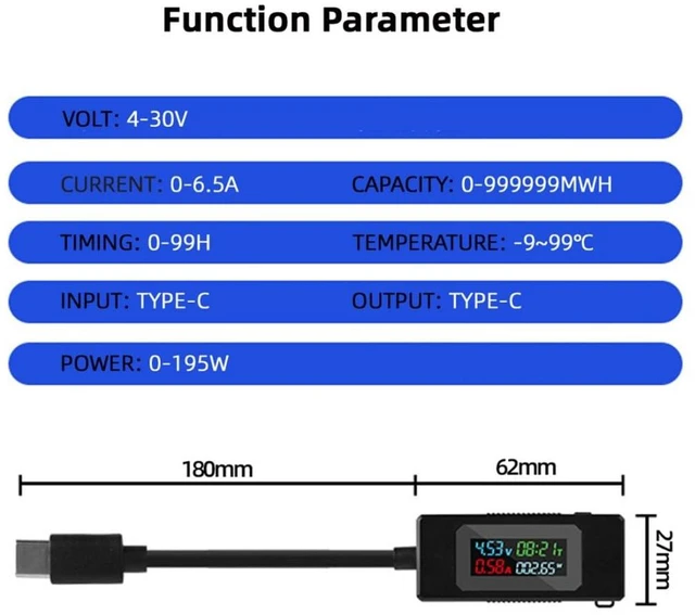 Alt view image 7 of 7 - USB C Power Tester Digital Multimeter 4-30V 0-6.5A Color Screen Digital Display Real-Time Monitoring of Current/Voltage/Power/Work Time