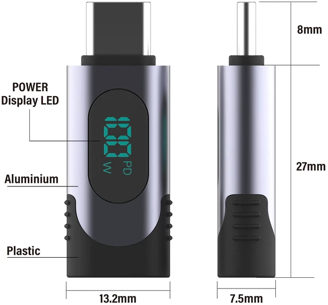 Alt view image 2 of 6 - 100W USB C Female to Male Extension Adapter Type C Power Meter Tester with Digital Display for iPad Pro iPhone 15 Pro Max MacBook Pro Laptop