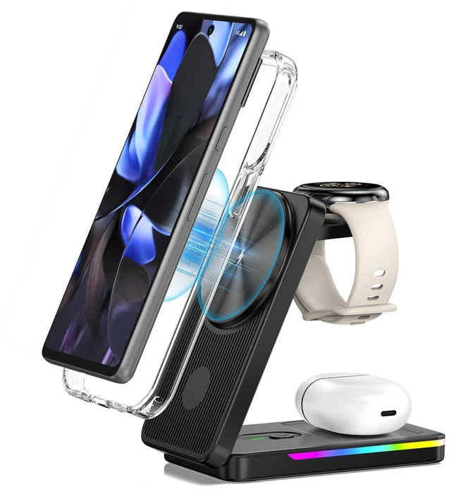 Main image of Magnetic Wireless Charger for Pixel Watch 3/2, Charging Station for Google | Foldable Charger Stand for Google 10 Pro/10/9 Pro Fold/9 Pro/9/8/Pixel Buds Pro 2, (Not for Pixel Watch 4/1, With Adapter)