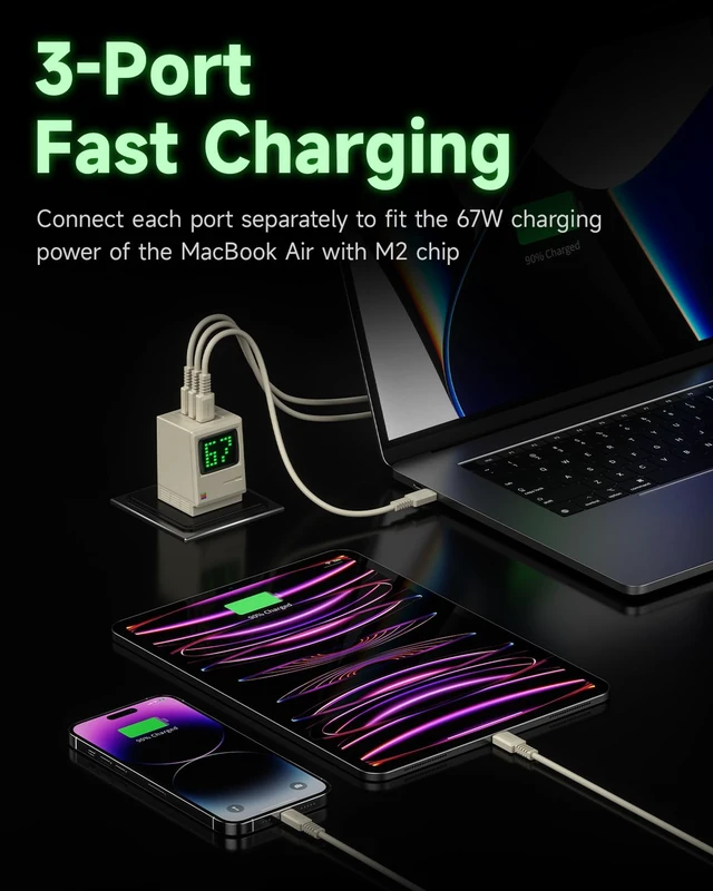 Alt view image 3 of 7 - USB C Charger Retro 67 Power Display Fast GaN Charger | 67W Max Fast Charging, 3 USB C Port, Digital Rain Screen, Foldable Plug, Gifts Idea for iPhone 18 Pro/ 17