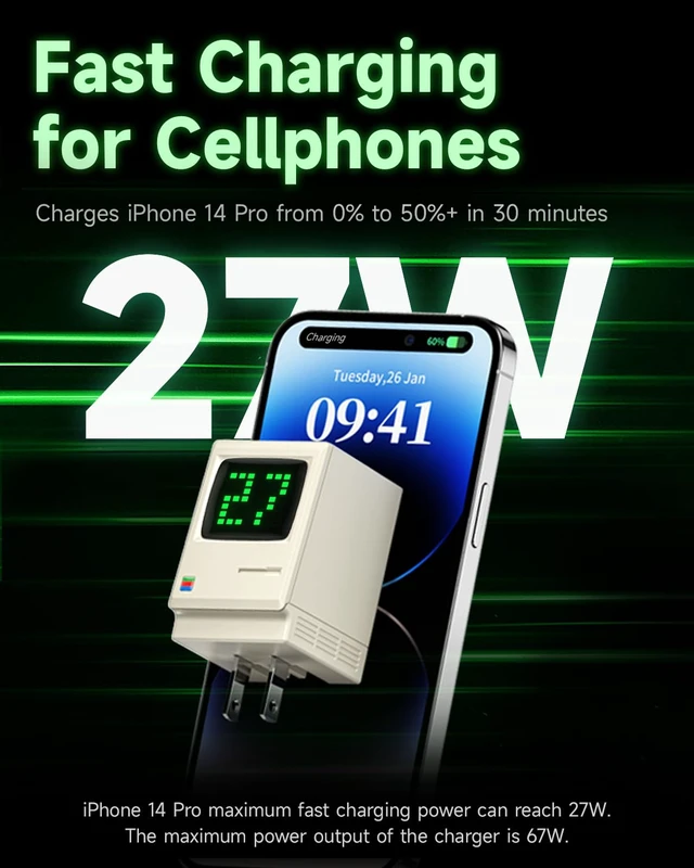 Alt view image 4 of 7 - USB C Charger Retro 67 Power Display Fast GaN Charger | 67W Max Fast Charging, 3 USB C Port, Digital Rain Screen, Foldable Plug, Gifts Idea for iPhone 18 Pro/ 17