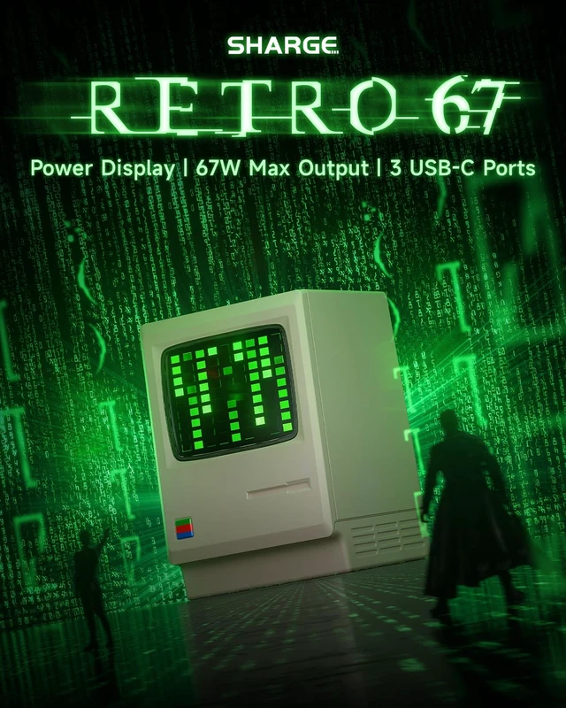 Alt view image 2 of 7 - USB C Charger Retro 67 Power Display Fast GaN Charger | 67W Max Fast Charging, 3 USB C Port, Digital Rain Screen, Foldable Plug, Gifts Idea for iPhone 18 Pro/ 17