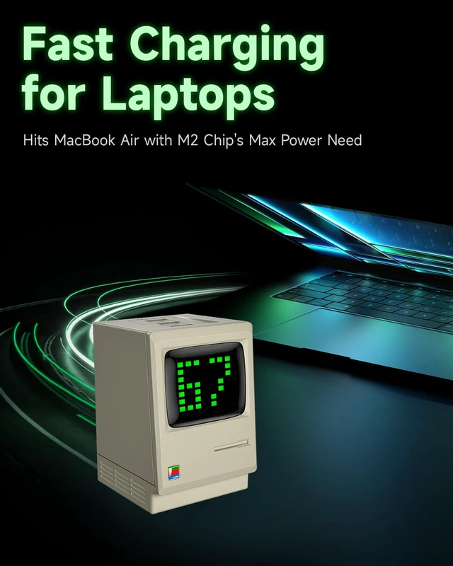 Alt view image 5 of 7 - USB C Charger Retro 67 Power Display Fast GaN Charger | 67W Max Fast Charging, 3 USB C Port, Digital Rain Screen, Foldable Plug, Gifts Idea for iPhone 18 Pro/ 17