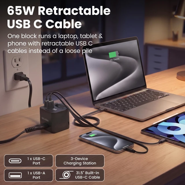 Alt view image 2 of 7 - Cell Phone Charging Stations, 65W GaN Charger with Retractable Cable | Detachable AC Cord, Digital Wattage Display, Dual USB-C & USB-A Ports, Non-Skid Weighted Base, Desk & Nightstand Ready