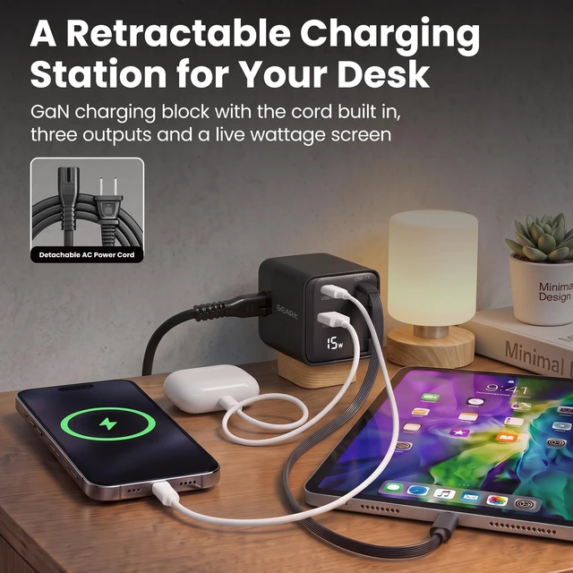Alt view image 3 of 7 - Cell Phone Charging Stations, 65W GaN Charger with Retractable Cable | Detachable AC Cord, Digital Wattage Display, Dual USB-C & USB-A Ports, Non-Skid Weighted Base, Desk & Nightstand Ready