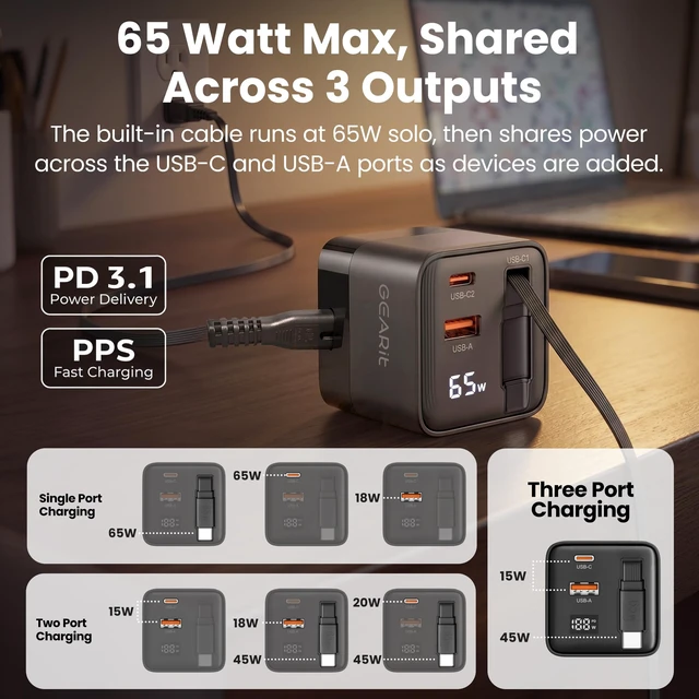 Alt view image 4 of 7 - Cell Phone Charging Stations, 65W GaN Charger with Retractable Cable | Detachable AC Cord, Digital Wattage Display, Dual USB-C & USB-A Ports, Non-Skid Weighted Base, Desk & Nightstand Ready