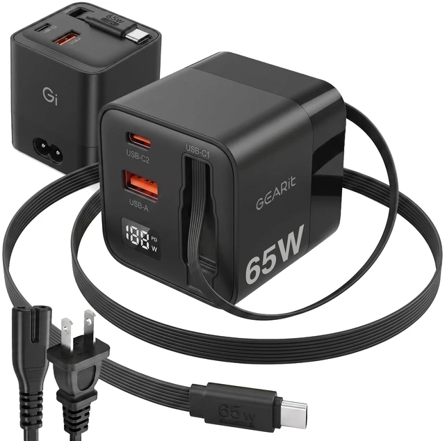 Main image of Cell Phone Charging Stations, 65W GaN Charger with Retractable Cable | Detachable AC Cord, Digital Wattage Display, Dual USB-C & USB-A Ports, Non-Skid Weighted Base, Desk & Nightstand Ready