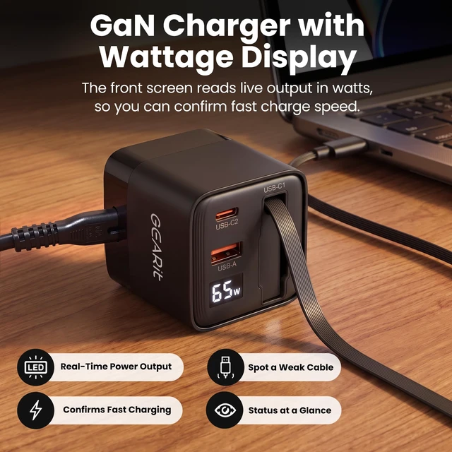 Alt view image 6 of 7 - Cell Phone Charging Stations, 65W GaN Charger with Retractable Cable | Detachable AC Cord, Digital Wattage Display, Dual USB-C & USB-A Ports, Non-Skid Weighted Base, Desk & Nightstand Ready