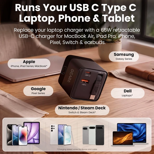 Alt view image 5 of 7 - Cell Phone Charging Stations, 65W GaN Charger with Retractable Cable | Detachable AC Cord, Digital Wattage Display, Dual USB-C & USB-A Ports, Non-Skid Weighted Base, Desk & Nightstand Ready