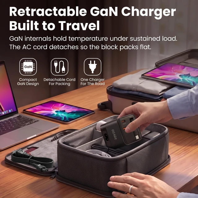 Alt view image 7 of 7 - Cell Phone Charging Stations, 65W GaN Charger with Retractable Cable | Detachable AC Cord, Digital Wattage Display, Dual USB-C & USB-A Ports, Non-Skid Weighted Base, Desk & Nightstand Ready