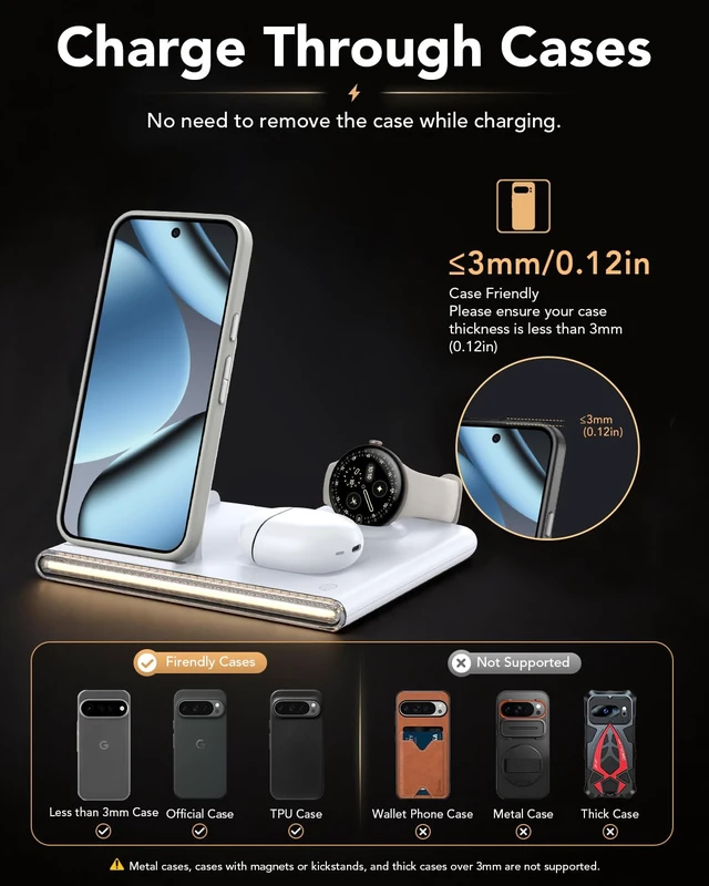 Alt view image 5 of 7 - 3 in 1 Foldable Wireless Fast Charging Station for Google Pixel Watch 5/4 | Google Charging Station for pixel 11,Travel Pixel Watch 5 Charger Stand, Light Nightstand Charging Dock (Only for Watch 4/5)