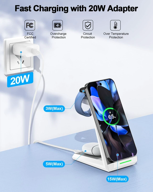 Alt view image 3 of 7 - 3 in 1 Wireless Charging Station Charger Dock for Google Devices | Fast Charger Stand Dock for Pixel 9/9 Pro XL/Fold, Buds Pro 2/Pro, Watch 3/2, Fitbit Versa 4/Sense 2(Not for Pixel Watch 1/4)