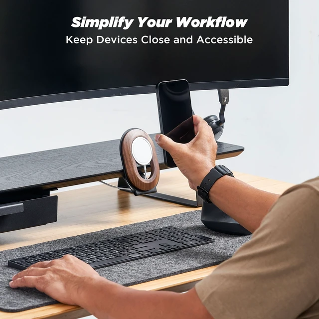 Alt view image 3 of 7 - Moodular Phone Stand Add-On for MagSafe & Rails, Do Not Use Alone | Accessory Only, Charger Not Included, Ergonomic Viewing Angle, Flexible Positioning, Wood & Steel Design, Black, MSA-MS