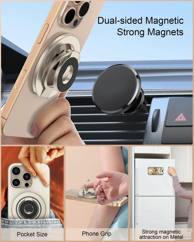 Alt view image 6 of 7 - iPhone 18ProMax Portable Magnetic Phone Ring Holder MagSafe Phone Kickstand | Samsung Dual-Sided Foldable Stand Soporte Magnético para Cellular Compatible with Car Mount,Desk Stand, MagSafe&Cases-Gold