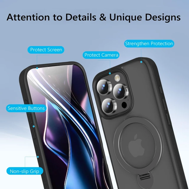 Alt view image 4 of 6 - Upgraded 360° Rotatable Magnetic Ring Stand for iPhone 16 Pro Case 6.3'',Military Drop Protection,Compatible with MagSafe,Translucent Case for iPhone 16 Pro Phone Case,Black