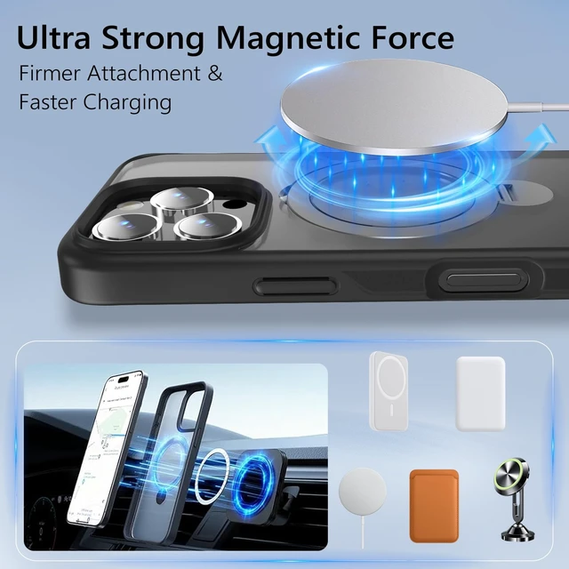 Alt view image 3 of 6 - Upgraded 360° Rotatable Magnetic Ring Stand for iPhone 16 Pro Case 6.3'',Military Drop Protection,Compatible with MagSafe,Translucent Case for iPhone 16 Pro Phone Case,Black