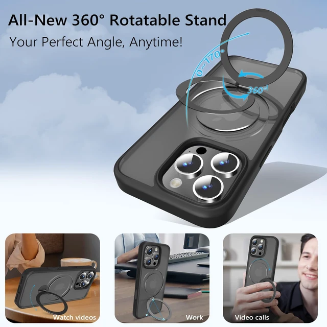 Alt view image 2 of 6 - Upgraded 360° Rotatable Magnetic Ring Stand for iPhone 16 Pro Case 6.3'',Military Drop Protection,Compatible with MagSafe,Translucent Case for iPhone 16 Pro Phone Case,Black
