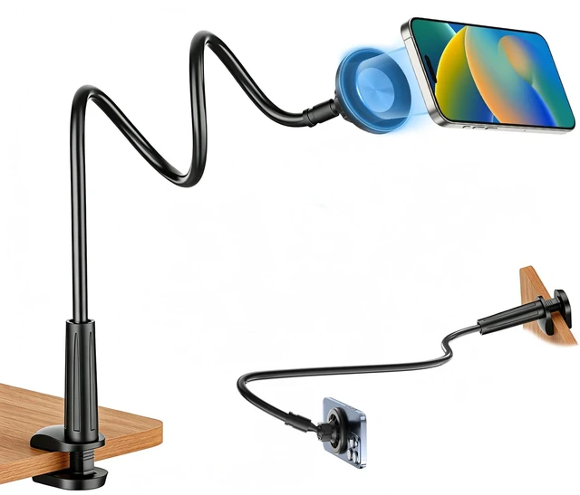 Main image of Magnetic Gooseneck Phone Holder for Bed, for MagSafe Phone Holder Mount Stand Flexible Goosebeck Arm with Clamp Clip Mount for Desk Bedside for iPhone 18 17/16/15/14/13/12 and Others