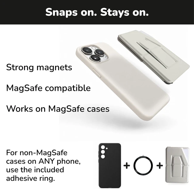 Alt view image 4 of 7 - MagSafe Compatible Cell Phone Stand for iPhone, Magnetic Wallet, Bone White | Holds 2 cards, RFID protected card holder, slim, portrait landscape and floating modes, finger grip, vegan leather, desk