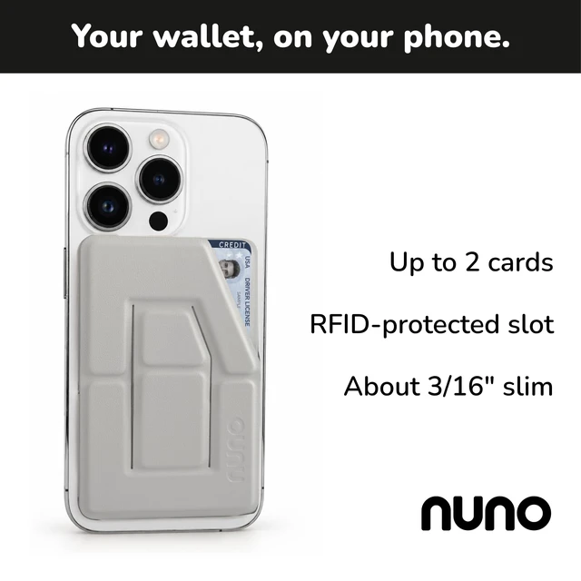 Alt view image 3 of 7 - MagSafe Compatible Cell Phone Stand for iPhone, Magnetic Wallet, Bone White | Holds 2 cards, RFID protected card holder, slim, portrait landscape and floating modes, finger grip, vegan leather, desk