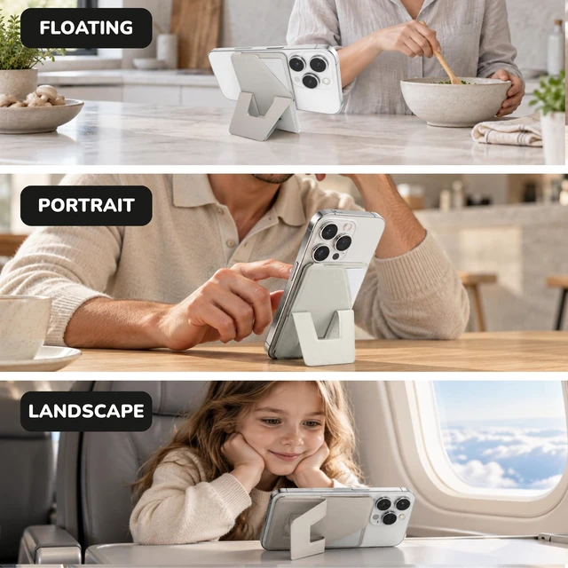 Alt view image 2 of 7 - MagSafe Compatible Cell Phone Stand for iPhone, Magnetic Wallet, Bone White | Holds 2 cards, RFID protected card holder, slim, portrait landscape and floating modes, finger grip, vegan leather, desk