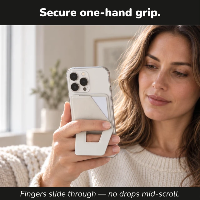 Alt view image 7 of 7 - MagSafe Compatible Cell Phone Stand for iPhone, Magnetic Wallet, Bone White | Holds 2 cards, RFID protected card holder, slim, portrait landscape and floating modes, finger grip, vegan leather, desk