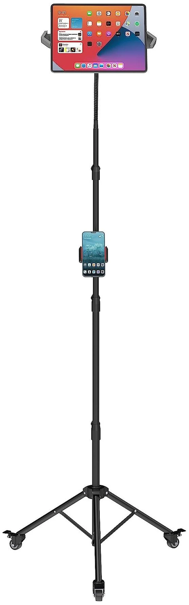 Main image of TB-F01 Gooseneck Floor Tripod Stand with Wheel for iPhone, iPad, iPad Pro and Other Tablets Size 9" to 15" with 360° Rotating