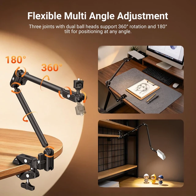 Alt view image 4 of 7 - Basics Magic Arm with Desk Clamp for Phone Webcam Camera Mic, UA062 | 26.4", Desk Stand Magnetic Overhead Phone Mount Holder Compatible with MagSafe iPhone 18 Pro/Pro Max Action Camera Webcam Mic