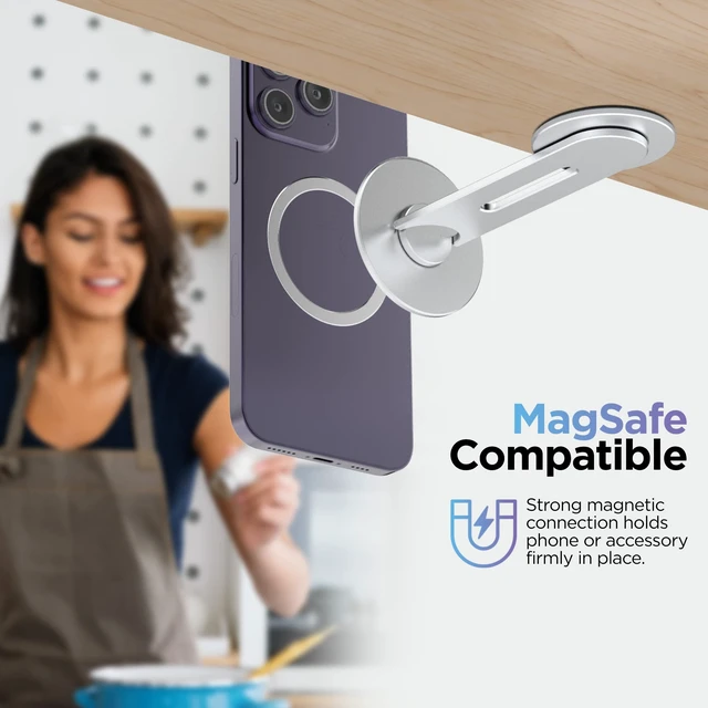 Alt view image 3 of 7 - Magnetic Phone Holder, Fold-Away Swivel Stand Compatible with MagSafe for iPhone 12,13,14,15, 16 Pro Max | Bedroom Nightstand, Desk, Kitchen and More (Low Profile Sidemount/Under-Mount)