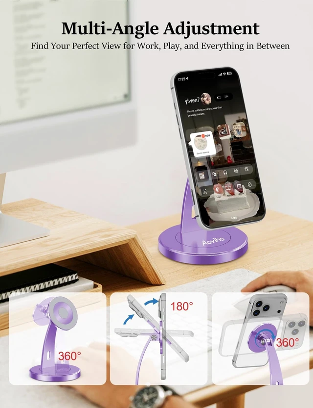 Alt view image 2 of 7 - Magnetic Phone Stand for Desk, 360° Rotating Phone Holder,Purple | 180° Adjustable MagSafe Phone Stand, Stable Aluminum Office Desk Stand, Fits iPhone 17 16 15 14 13 Pro Max & MagSafe Cases