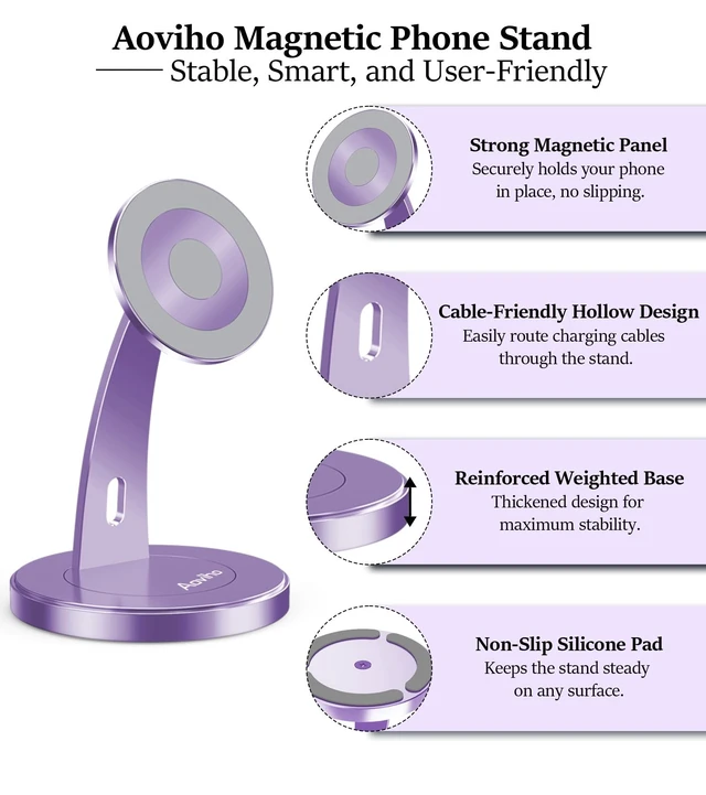 Alt view image 5 of 7 - Magnetic Phone Stand for Desk, 360° Rotating Phone Holder,Purple | 180° Adjustable MagSafe Phone Stand, Stable Aluminum Office Desk Stand, Fits iPhone 17 16 15 14 13 Pro Max & MagSafe Cases