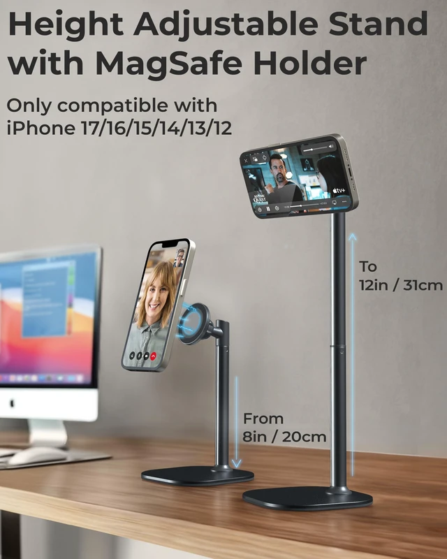 Alt view image 2 of 6 - MagStand Magnetic Phone Stand for Desk, MagSafe Tripod, iPhone 17 | 9-13" Adjustable, Weighted Base, Strong Magnet Hold, iPhone Holder for Video Calls, 2 Steel Rings, Fits any iPhone or Android