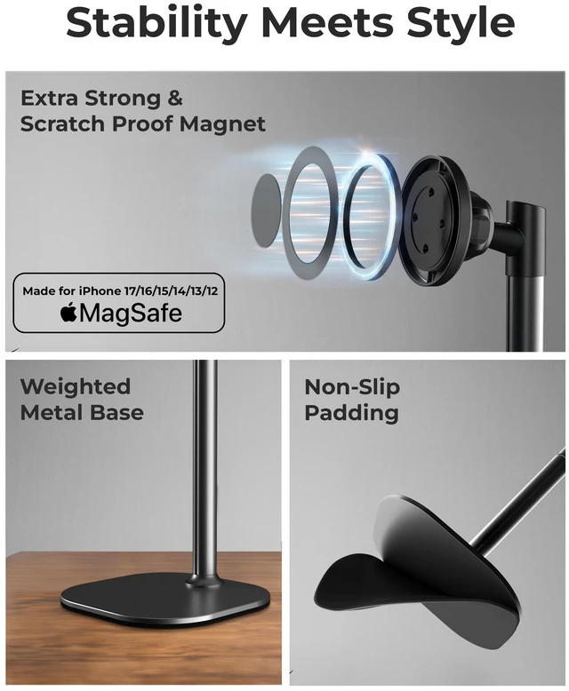 Alt view image 4 of 6 - MagStand Magnetic Phone Stand for Desk, MagSafe Tripod, iPhone 17 | 9-13" Adjustable, Weighted Base, Strong Magnet Hold, iPhone Holder for Video Calls, 2 Steel Rings, Fits any iPhone or Android