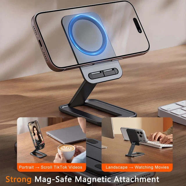 Alt view image 2 of 7 - Ultra-Slim Magnetic Phone Holder Stand for Desk, Builtin Mirror | Pocket-Size, N55 MagSafe iPhone 17 18 Pro Max Duo Compatible, Aluminum Portable Phone Holder Tablet Mount for Office Travel