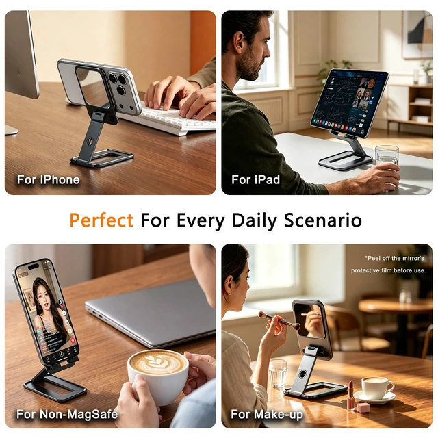 Alt view image 4 of 7 - Ultra-Slim Magnetic Phone Holder Stand for Desk, Builtin Mirror | Pocket-Size, N55 MagSafe iPhone 17 18 Pro Max Duo Compatible, Aluminum Portable Phone Holder Tablet Mount for Office Travel