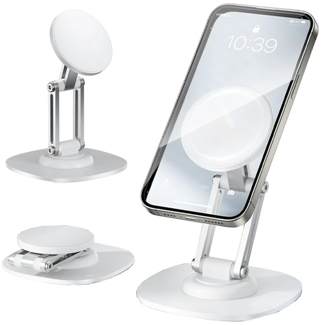 Main image of Magnetic Phone Stand for Desk 360 Rotating Adjustable Foldable Aluminum for MagSafe Cell Phone Stand Holder with Non-Slip Base Desk Stand for iPhone 17 16 Pro Max/15/14/13/12 Plus Air (White)
