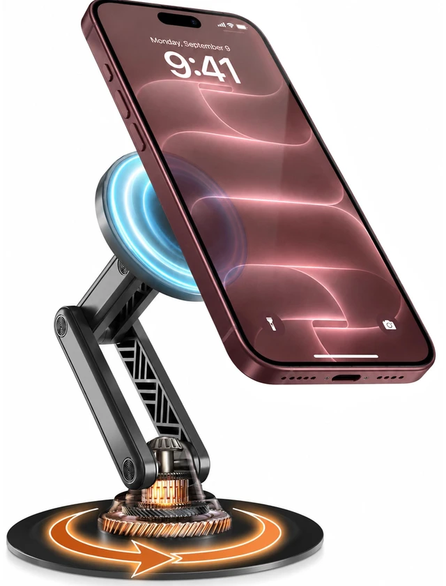 Main image of Mag360 Magnetic Phone Stand for Desk, MagSafe Stand, iPhone 18 Pro | 360° Rotating, Adjustable, Foldable, Portable, Strong Magnet, incl. 2 Steel Rings, Magsafe Phone Holder, Fits all iPhones