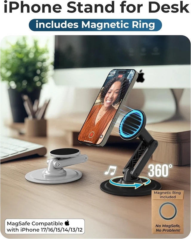 Alt view image 2 of 7 - Mag360 Magnetic Phone Stand for Desk, MagSafe Stand, iPhone 18 Pro | 360° Rotating, Adjustable, Foldable, Portable, Strong Magnet, incl. 2 Steel Rings, Magsafe Phone Holder, Fits all iPhones