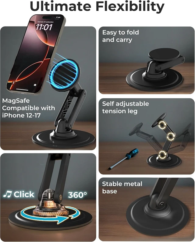 Alt view image 3 of 7 - Mag360 Magnetic Phone Stand for Desk, MagSafe Stand, iPhone 18 Pro | 360° Rotating, Adjustable, Foldable, Portable, Strong Magnet, incl. 2 Steel Rings, Magsafe Phone Holder, Fits all iPhones