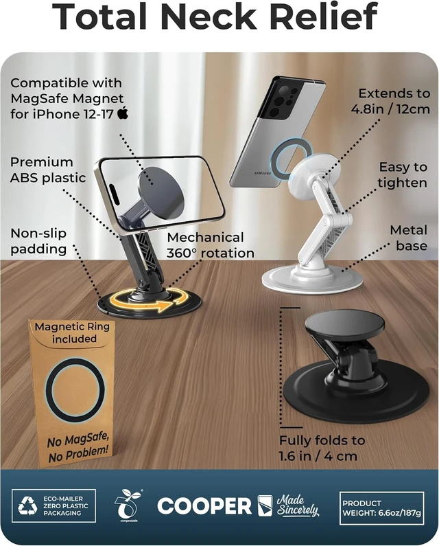 Alt view image 6 of 7 - Mag360 Magnetic Phone Stand for Desk, MagSafe Stand, iPhone 18 Pro | 360° Rotating, Adjustable, Foldable, Portable, Strong Magnet, incl. 2 Steel Rings, Magsafe Phone Holder, Fits all iPhones
