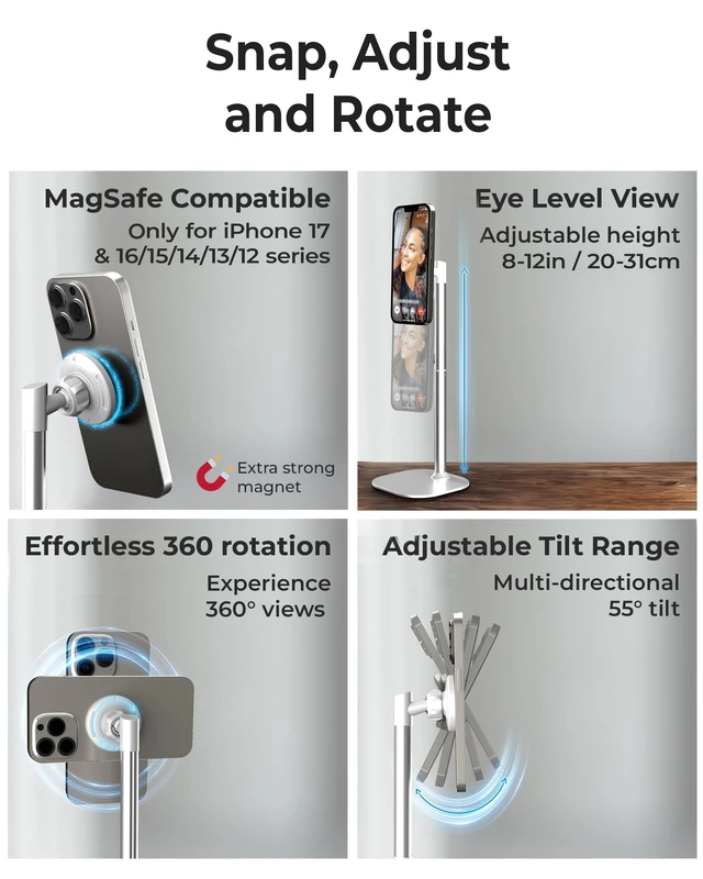 Alt view image 3 of 6 - MagStand Magnetic Phone Stand for Desk, MagSafe Tripod iPhone 18 Pro | 9-13" Adjustable, Weighted Base, Strong Magnet Hold, iPhone Holder for Video Calls, 2 Steel Rings, Fits any iPhone or Android