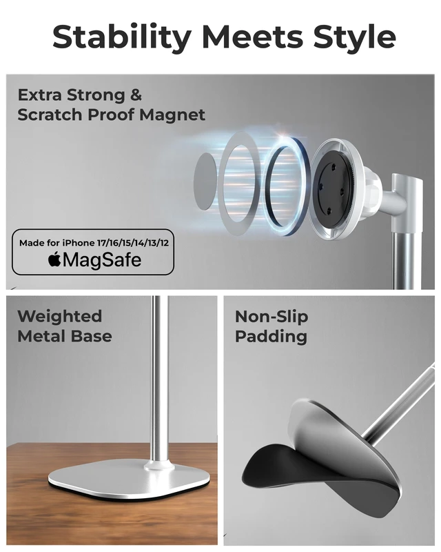 Alt view image 4 of 6 - MagStand Magnetic Phone Stand for Desk, MagSafe Tripod iPhone 18 Pro | 9-13" Adjustable, Weighted Base, Strong Magnet Hold, iPhone Holder for Video Calls, 2 Steel Rings, Fits any iPhone or Android
