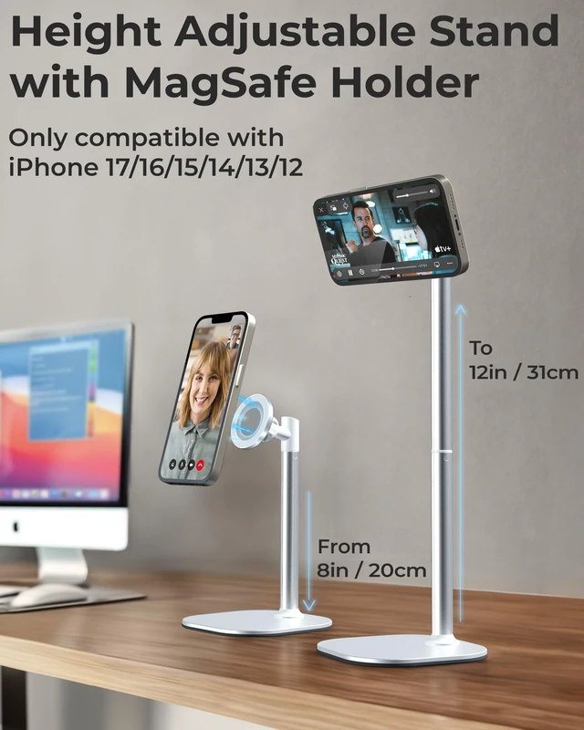 Alt view image 2 of 6 - MagStand Magnetic Phone Stand for Desk, MagSafe Tripod iPhone 18 Pro | 9-13" Adjustable, Weighted Base, Strong Magnet Hold, iPhone Holder for Video Calls, 2 Steel Rings, Fits any iPhone or Android