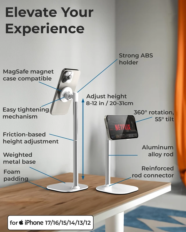 Alt view image 6 of 6 - MagStand Magnetic Phone Stand for Desk, MagSafe Tripod iPhone 18 Pro | 9-13" Adjustable, Weighted Base, Strong Magnet Hold, iPhone Holder for Video Calls, 2 Steel Rings, Fits any iPhone or Android