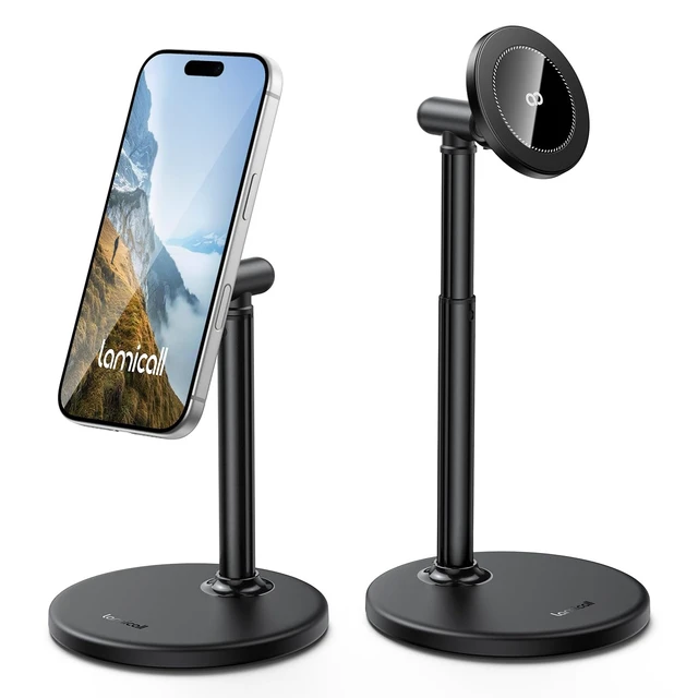 Main image of Magnetic Phone Stand for Desk, Height Adjustable Holder for iPhone | Strong Magnetic Hold, for MagSafe, Angle & Height Adjustment, Weighted Base, for iPhone Duo 18 17 16 15 14 13 12 Pro Max